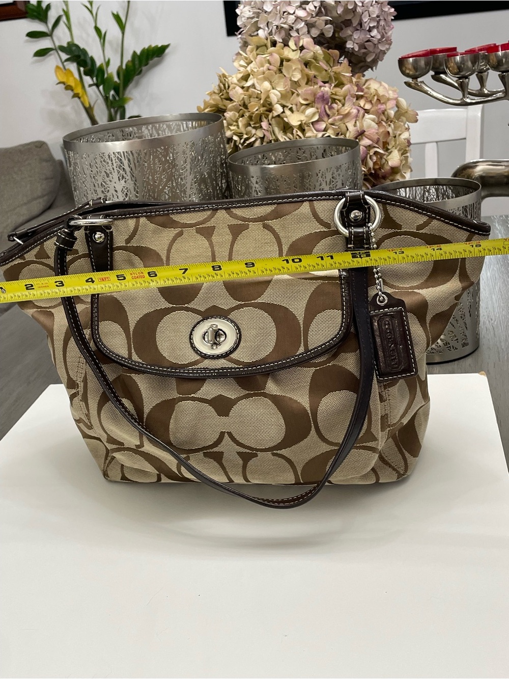 Coach Signature Turnlock Canvas Tote Bag Brown Leather Trim - Picture 4 of 10